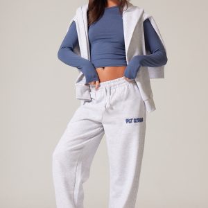 PRETTYLITTLETHING Ash Grey Premium Studio Print Cuffed Joggers