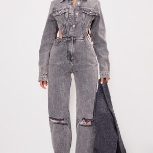 Petite Washed Grey Denim Ripped Knee Jumpsuit