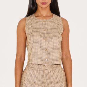 Petite Brown Checked Longline Waistcoat
