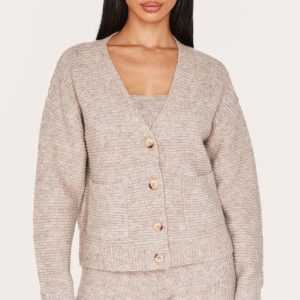 Petite Taupe Rib Knit Oversized Cardigan