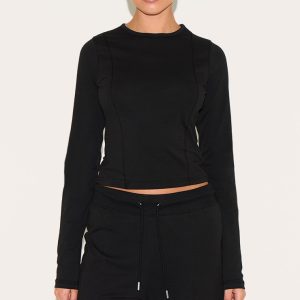 Black Cotton Seam Detail Long Sleeve Top
