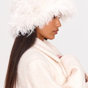 Cream Faux Fur Fluffy Slouch Bucket Hat