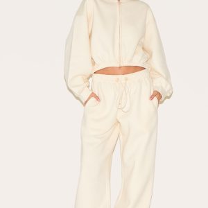 Cream Drawcord Hem Oversized Joggers