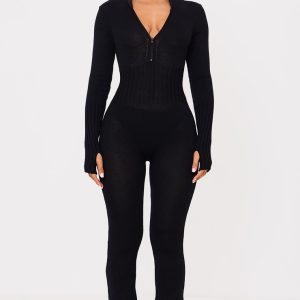 Petite Black Knitted Flared Zip Up Jumpsuit