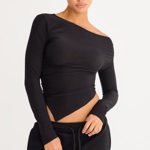 Black Soft Touch Asymmetric Ruched Long Sleeve Top