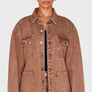 Petite Washed Brown Denim Oversized Long Jacket