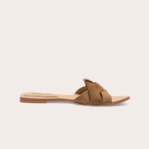 Beige Faux Suede Round Toe Flat Mule Sandals