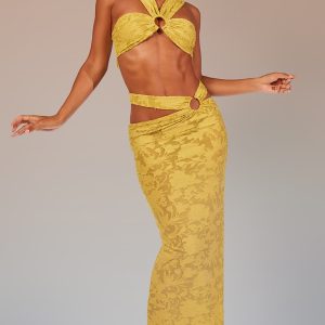 Lime Green Floral Sheer Burnout Ring Detail Maxi Skirt