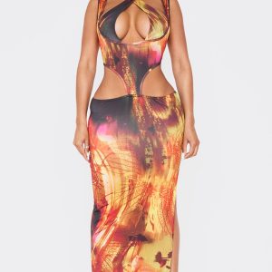 Shape Orange Abstract Printed Slinky Cut Out Tie Detail Maxi Dress