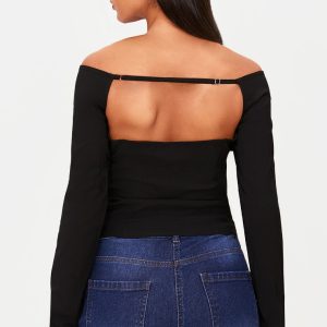 Black Bengaline Boatneck Long Sleeve Top