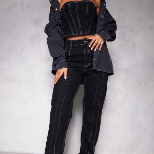Black Contrast Seam Detail Straight Leg Jeans