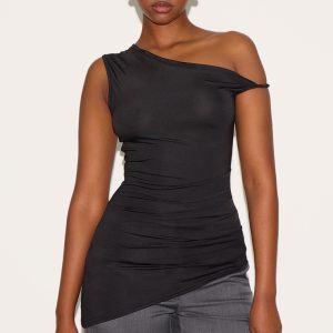 Black Ruched Detail Asymmetric Slinky Long Top