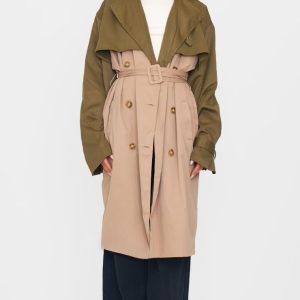 Khaki Contrast Oversized Belted Midi Trench Coat