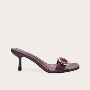 Wide Fit Burgundy Pu Square Toe Buckle Detail Low Heeled Mules