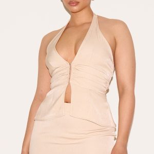Shape Pebble Woven Tailored Halterneck Ruched But Split Hem Top