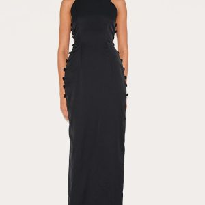 Black Woven Racer Button Detail Midaxi Dress