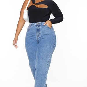 Plus Black Cut Out Ring Detail Long Sleeve Bodysuit