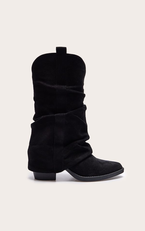 ace34589cbca3131bced0e49dcc60b28916ad00f_CNL3723_1_black_faux_suede_point_toe_slouchy_fold_over_calf_high_western_boots