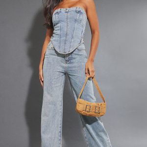Mid Blue Wash Waistband Detail Hem Straight Leg Jeans