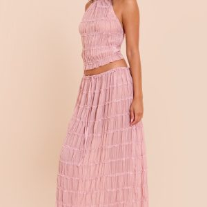 Mauve Chiffon Ruched Frill Detail Tiered Maxi Skirt