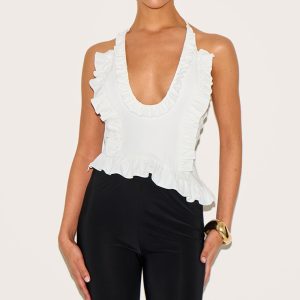 Petite White Frill Halterneck Top