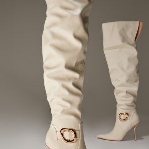 Cream PU Gold Buckle Point Toe High Stiletto Over The Knee Boots