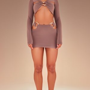 Premium Taupe Double Layer Slinky Ring Detail Mini Skirt