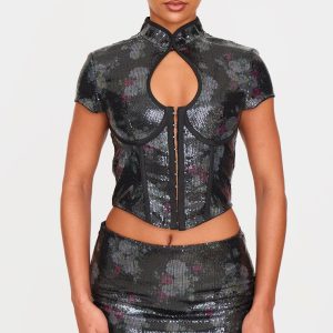 Black Printed Sequin Band Collar Corset Top