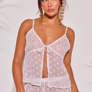 White Textured Tie Front Beach Top