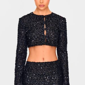 Black Sequin Long Sleeve Button Up Cardigan