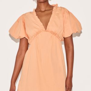 Orange Cotton Gathered A-line Dress