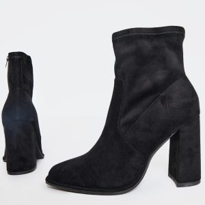 Black Faux Suede Round Toe High Block Stiletto Heeled Boots