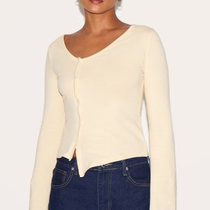 Almond Asymmetric Button Down Detail Long Sleeve Top