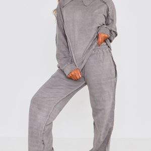 Grey Washed Oversized Raw Edge Seam Detail Wide Leg Joggers