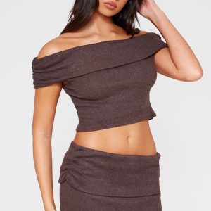 Chocolate Brushed Rib Off The Shoulder Longline Top