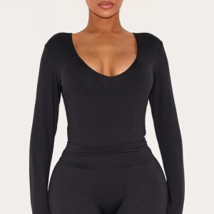 Shape Black Sculpted V Neck Long Sleeve Bodysuit