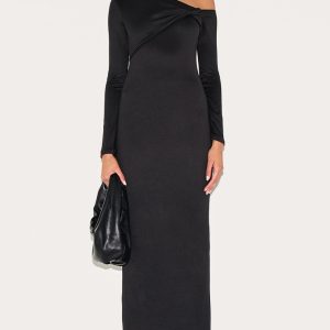 Black Double Contour Twist Detail Long Sleeve Maxi Dress