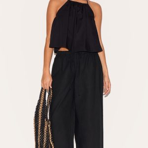 Petite Black Linen Drawstring Waist Trousers