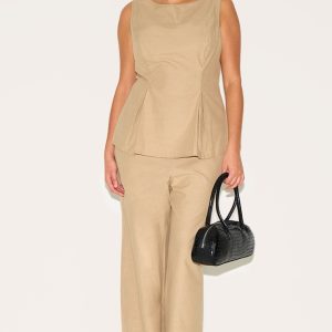 Plus Sand Striped Cotton Wide Leg Trousers