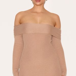 Shape Mocha Off Shoulder Fold Over Knitted Bodycon Dress