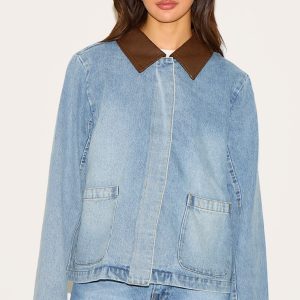 Light Vintage Blue Brown Collar Denim Jacket