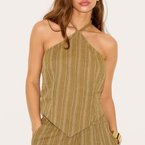 Khaki Pinstripe Halter Neck Pointed Hem Top