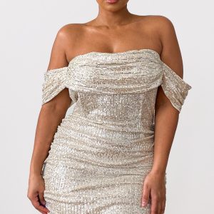 Plus Cream Sequin Bardot Bodycon Dress