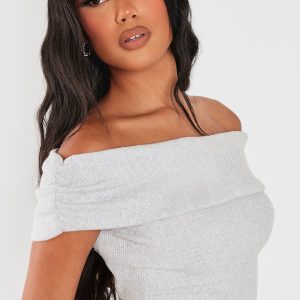 Light Grey Brushed Rib Off The Shoulder Longline Top