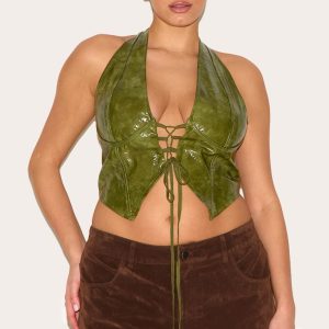 Plus Olive Washed Faux Leather Lace Up Plunge Halterneck Top