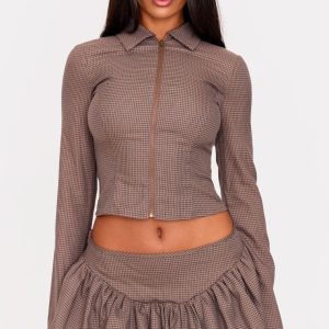 Brown Check Collared Zip Up Shirt