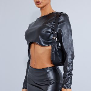 Petite Black Cracked Faux Leather Longsleeve Top