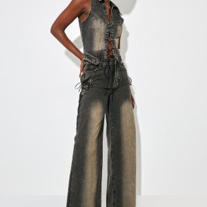 Tall Vintage Black Wash Lace Up Pocket Mid Rise Straight Leg Jeans
