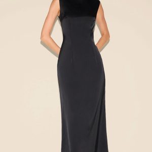 Black Bridesmaid Satin Boat Neck Maxi Dress