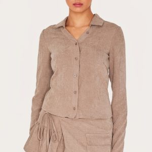 Taupe Peach Skin Pinstripe Long Sleeve Cargo Shirt